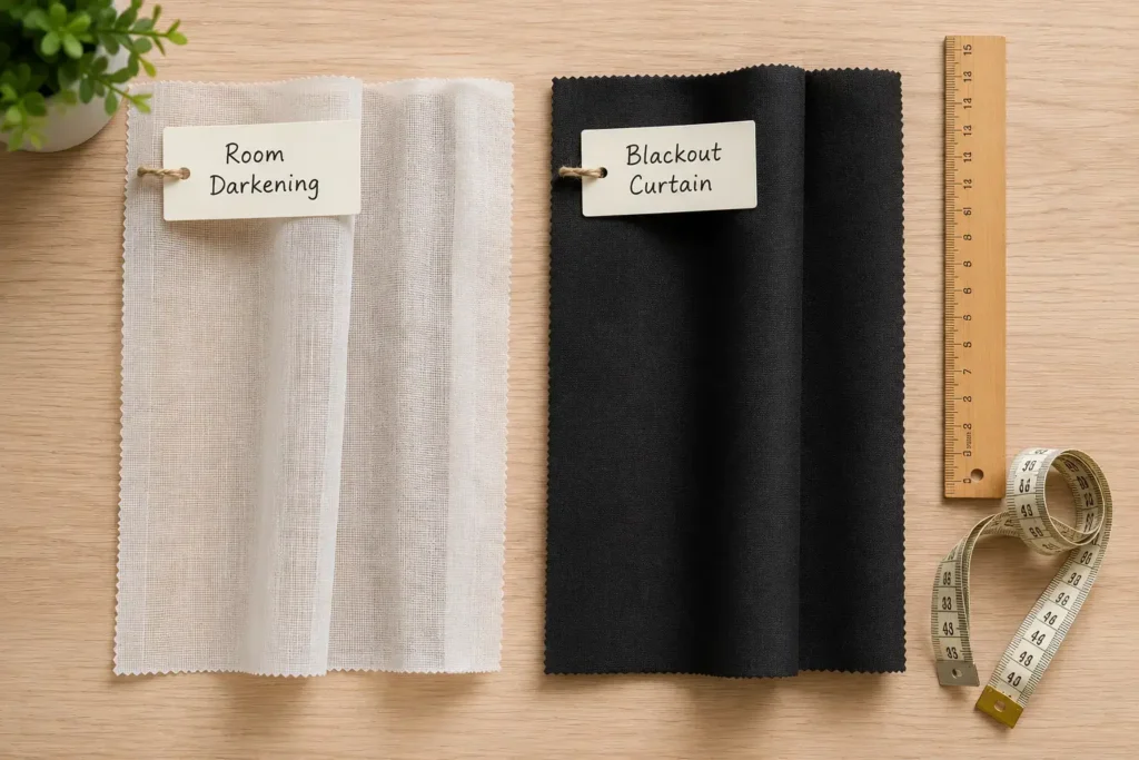A side-by-side styled flat lay showing two fabric swatches labeled with handwritten tags — one sheer, one thick blackout — with a small ruler and measuring tape beside them on a light wood surface, top-down shot.