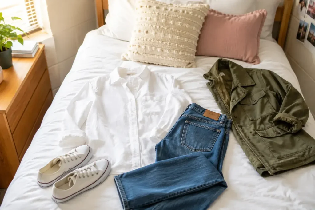 Flat lay of a few versatile clothing pieces, like a white shirt, jeans, and a jacket, arranged to show mix-and-match potential on a dorm bed.