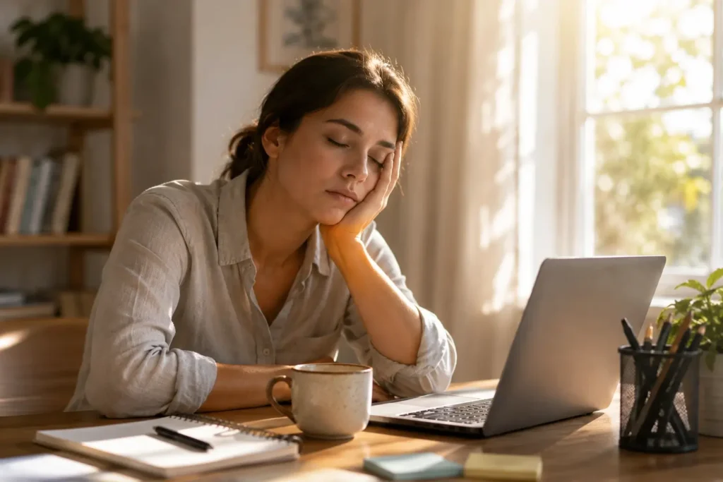 A lifestyle shot of a person sitting at a desk in the afternoon with a coffee cup, looking slightly tired, warm natural window light, relatable and realistic feel.