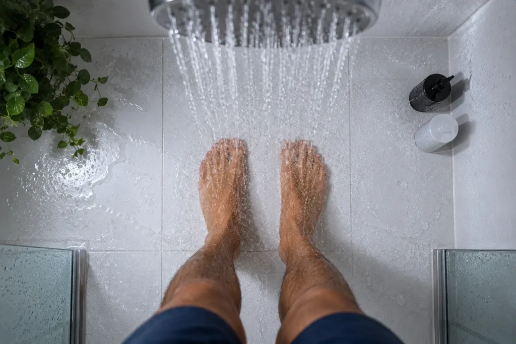 A top-down conceptual shot of a person's feet standing on a wet shower floor with cold water droplets visible around them, clean white tile, overhead water stream, energetic and fresh aesthetic.