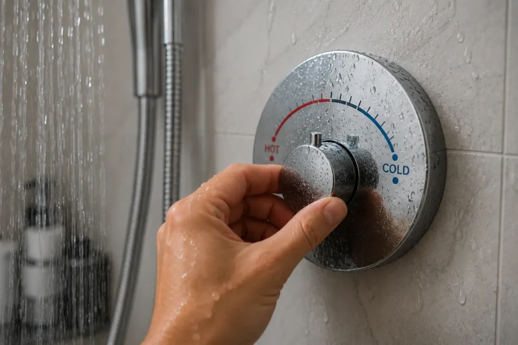 A close-up of a shower dial being turned from the hot side toward the cold side, water running, hand visible adjusting the dial, clean modern bathroom fixture, natural bathroom lighting.
