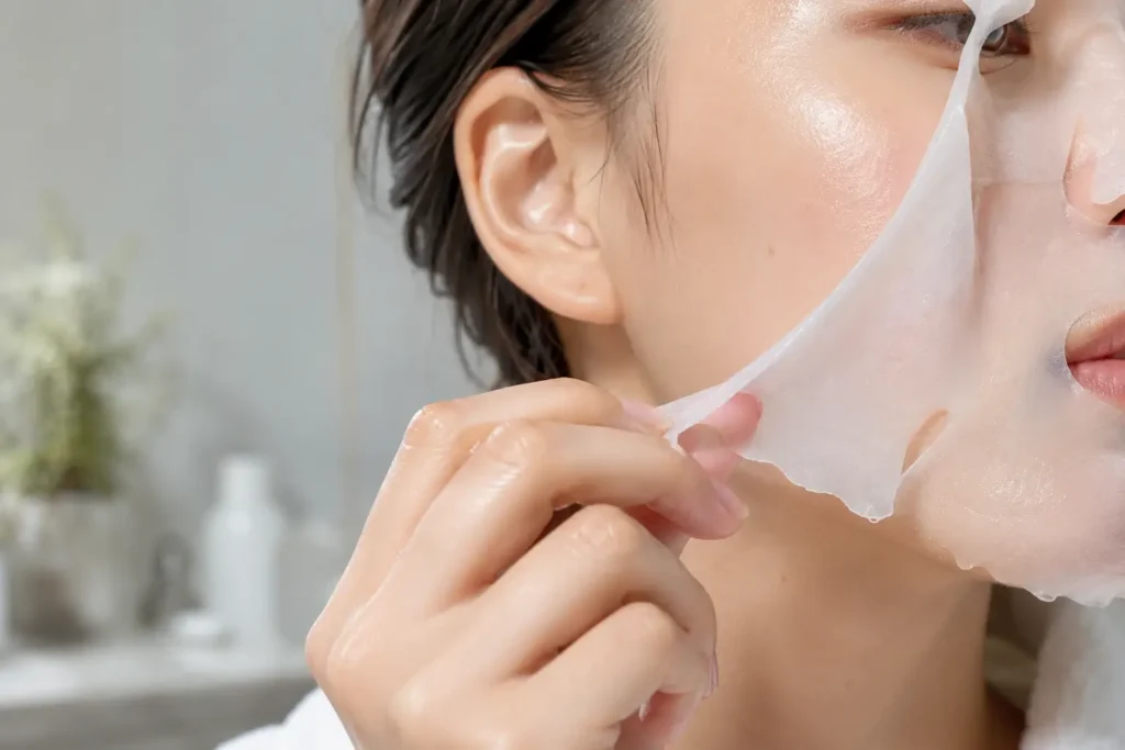 Close-up of hands peeling a hydrating sheet mask off freshly cleansed skin, dewy finish, neutral bathroom background.