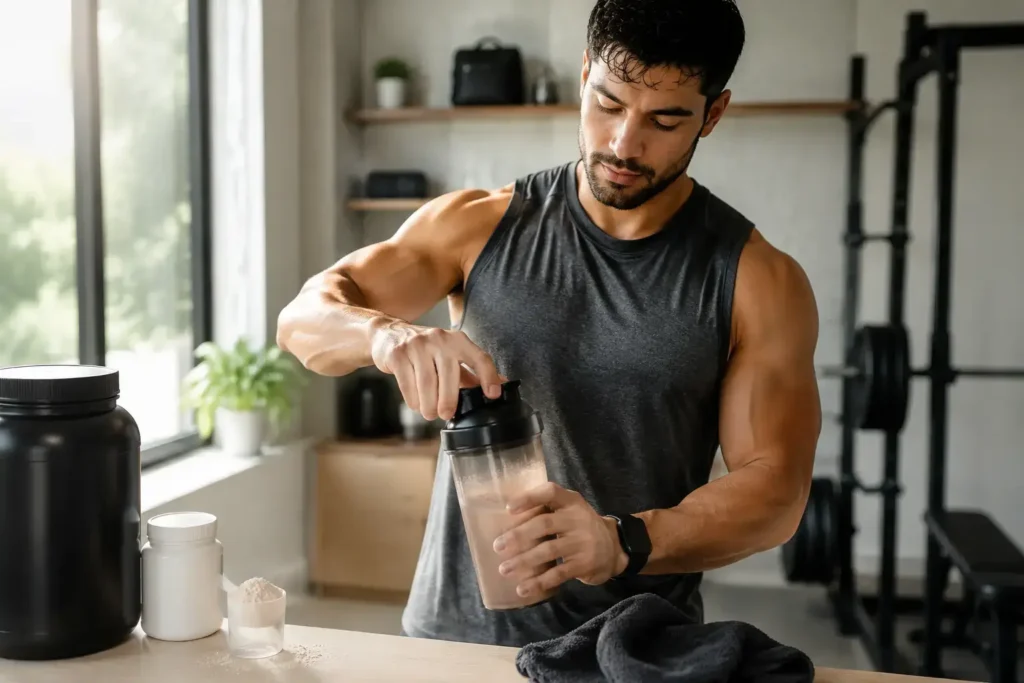 Athletic person in gym wear mixing a protein shake in a shaker bottle after workout in a bright modern gym or kitchen setting — protein shake powder and whole food protein sources - yes or no to protein shakes daily.