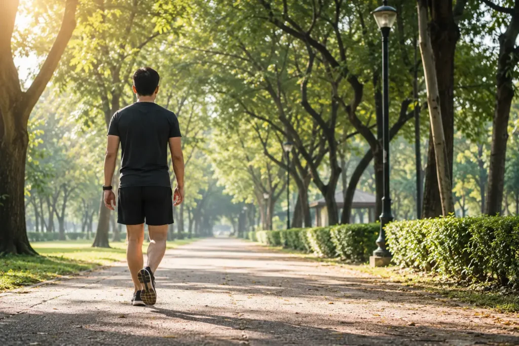 A wide lifestyle shot of a person walking briskly on a tree-lined path in morning light, seen from behind, casual athletic wear, natural outdoor setting, movement and energy feel.