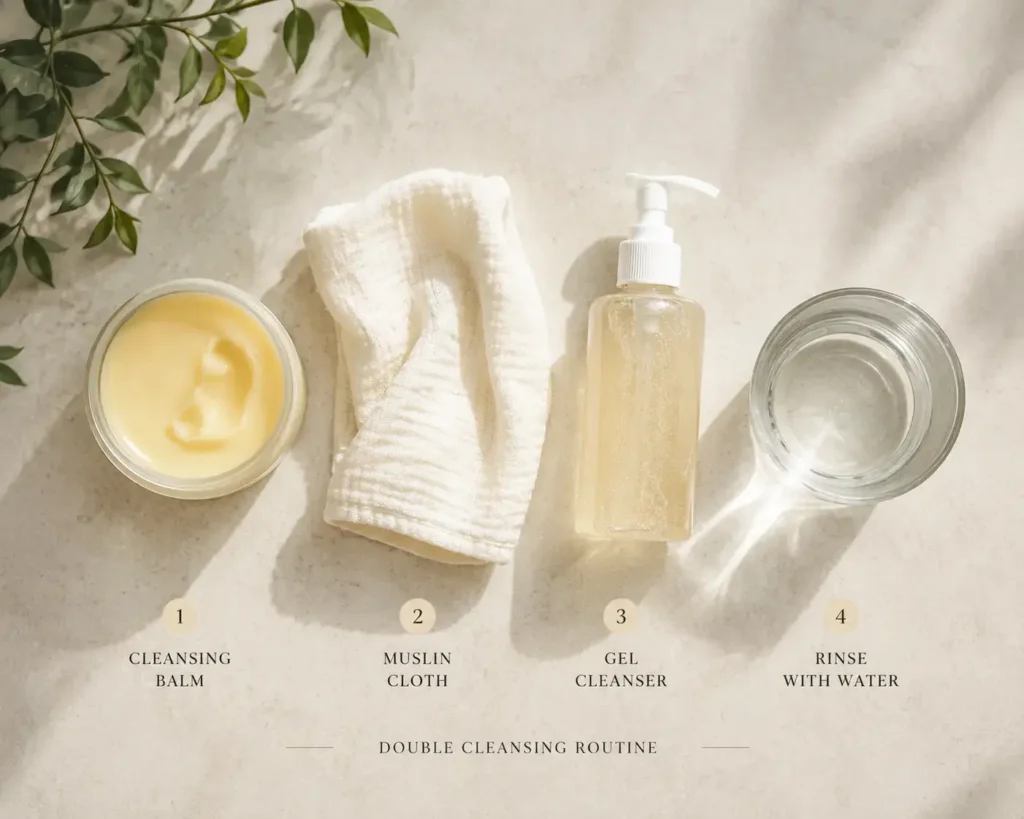Oil cleanser and gel cleanser double cleansing steps with cleansing balm, muslin cloth, and water arranged in order - yes or no to double cleansing skincare method for healthy glowing skin.