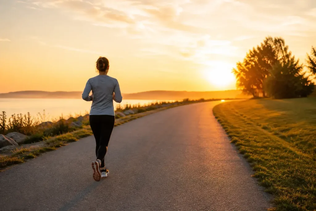 A wide lifestyle shot of a person jogging alone on an empty path at sunrise, seen from behind, early morning golden light, relaxed pace, no headphones or accessories, clean and peaceful feel.