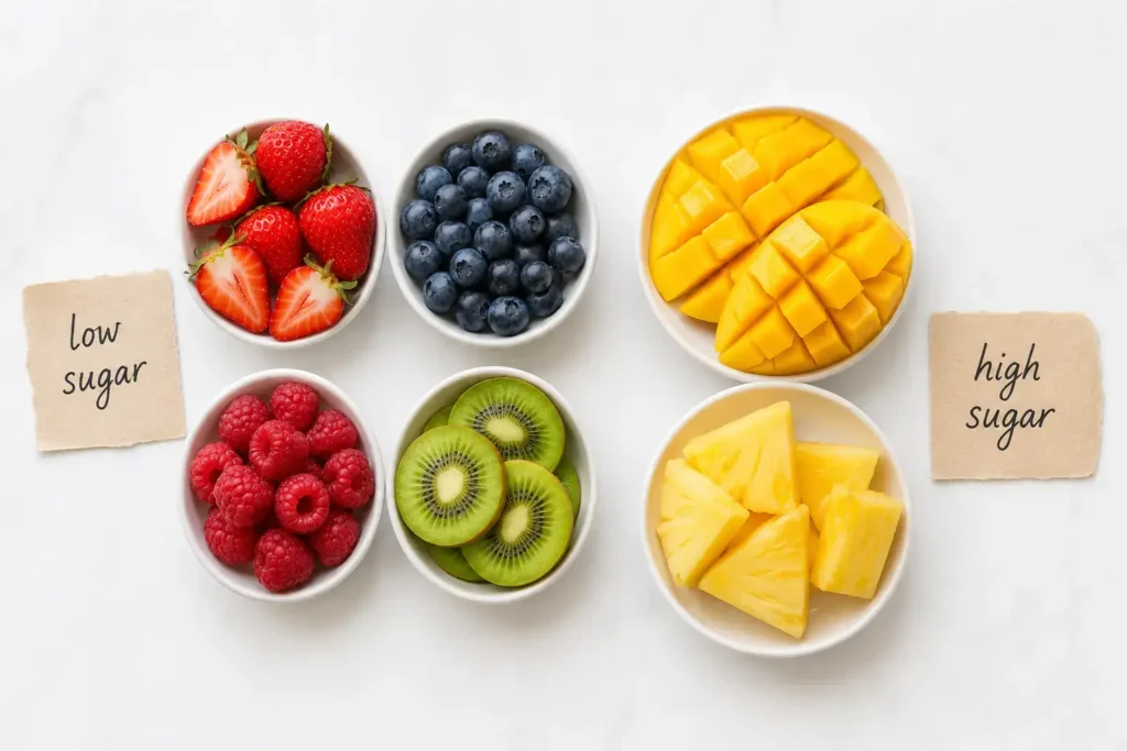 A top-down flat lay of six different fruits arranged in two rows — berries and kiwi on one side labeled low sugar, mango and pineapple on the other side labeled high sugar — on a clean white surface with small handwritten paper tags beside each.