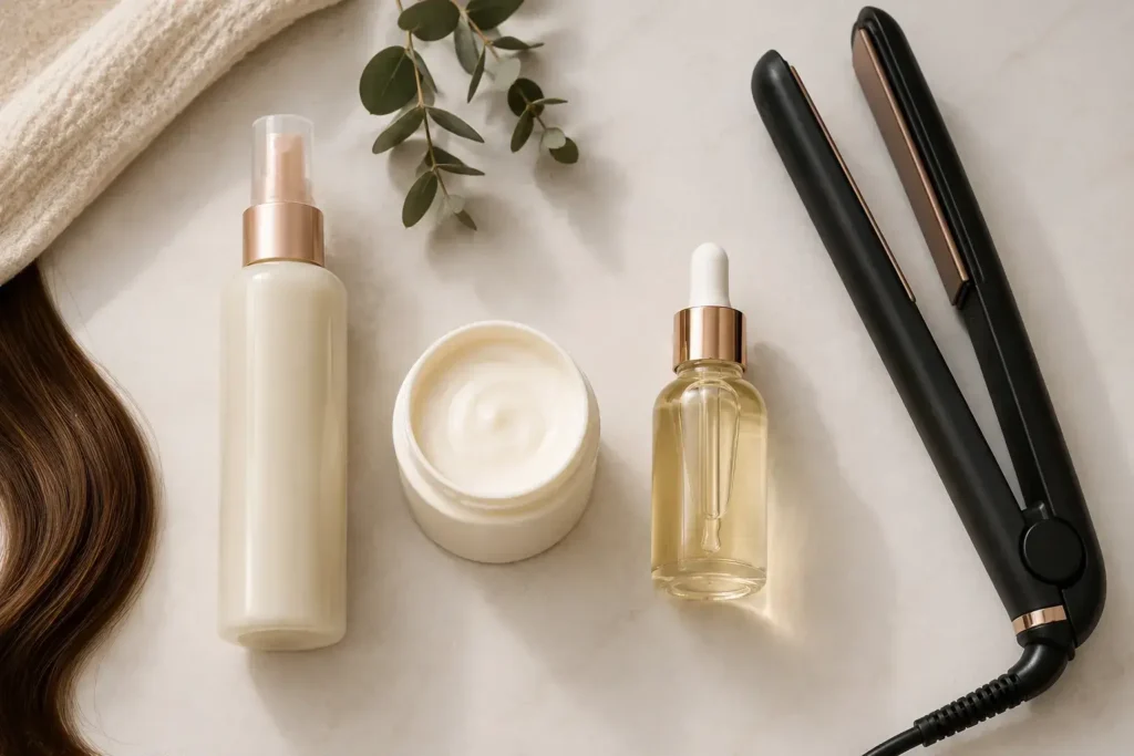 top-down flat lay of three heat protectant formats side by side: a spray bottle, a small cream jar, and a serum dropper on a light neutral surface with a flat iron beside them.yes or no to heat protectant every time.