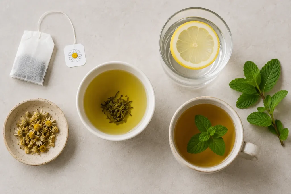 A top-down flat lay of herbal tea alternatives: a chamomile tea bag, a cup of green tea, a glass of water with lemon, and a peppermint sprig on a neutral light surface.