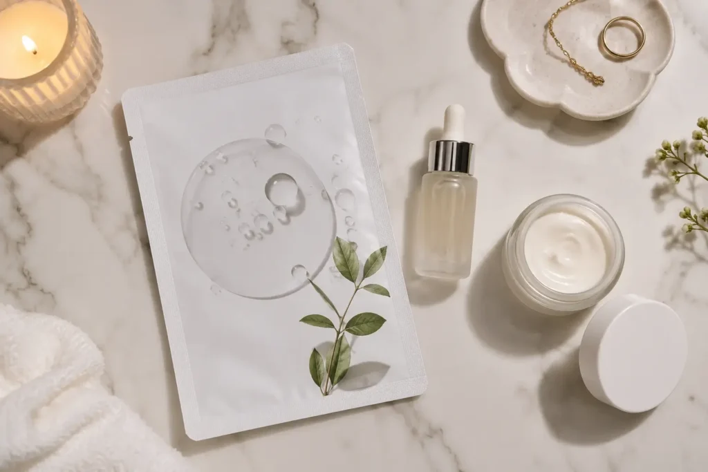 : Flat lay of a sheet mask packet next to a serum bottle and moisturizer jar, arranged as a nightly skincare routine on a marble countertop.