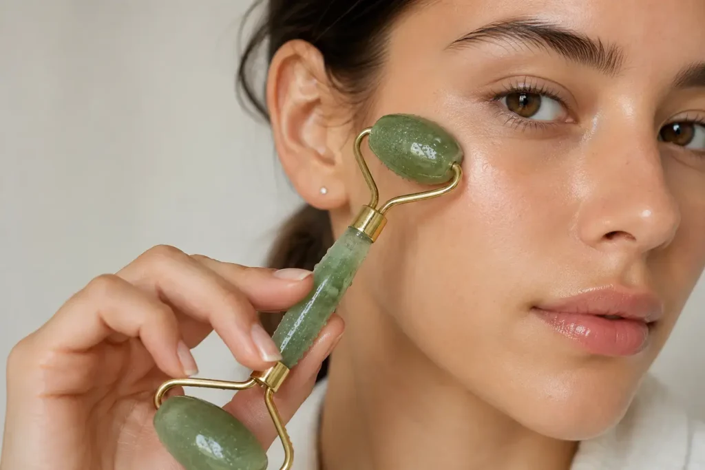 Close-up of a frozen jade roller being used along the jawline and under-eye area, clean neutral background, visible condensation on the roller.