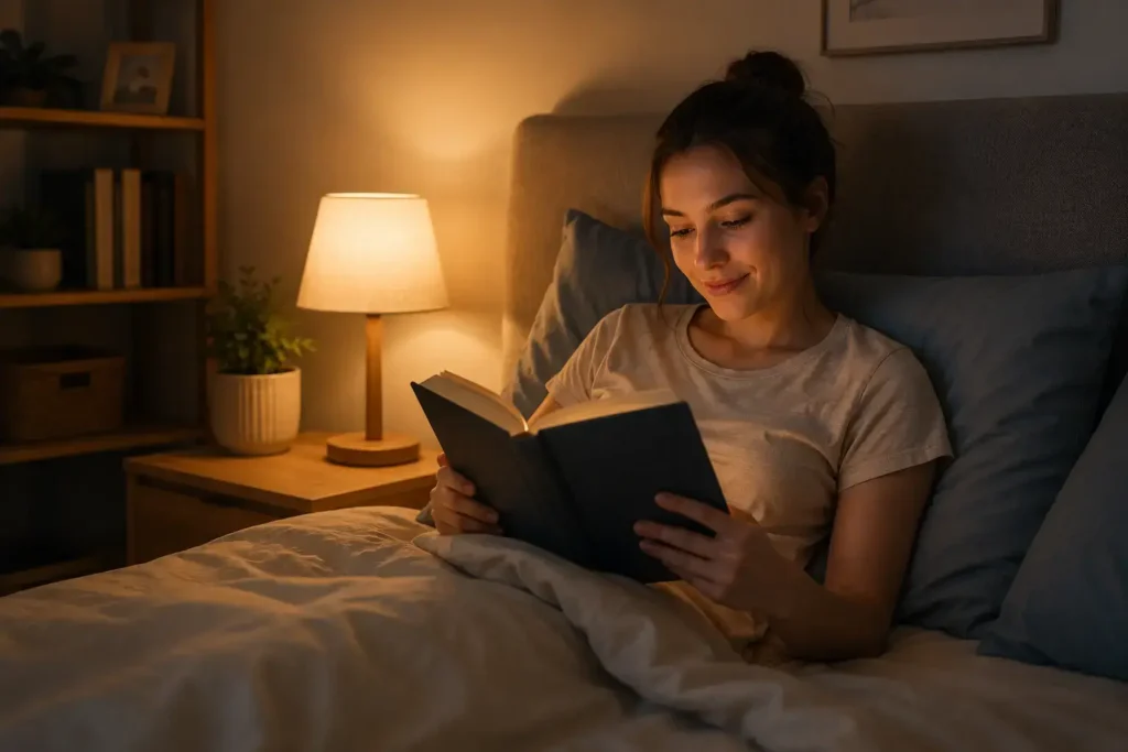 A wide lifestyle shot of a person reading a book in bed with a small bedside lamp on, soft warm evening light, cozy bedroom setting, relaxed and winding-down feel with no food visible.