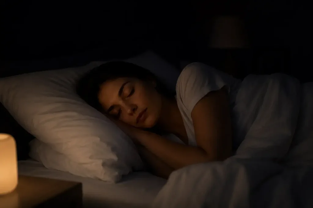 A close-up conceptual shot of a person sleeping peacefully in a completely dark room, only a faint warm glow from a small bedside lamp visible, face relaxed, white bedding, calm and restful feel.