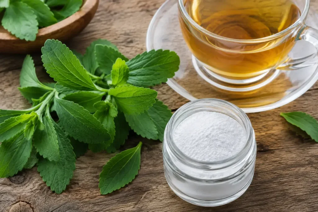 A close-up top-down shot of fresh stevia leaves beside a small glass jar of white stevia powder and a cup of herbal tea on a wooden surface, natural daylight, botanical and clean aesthetic.