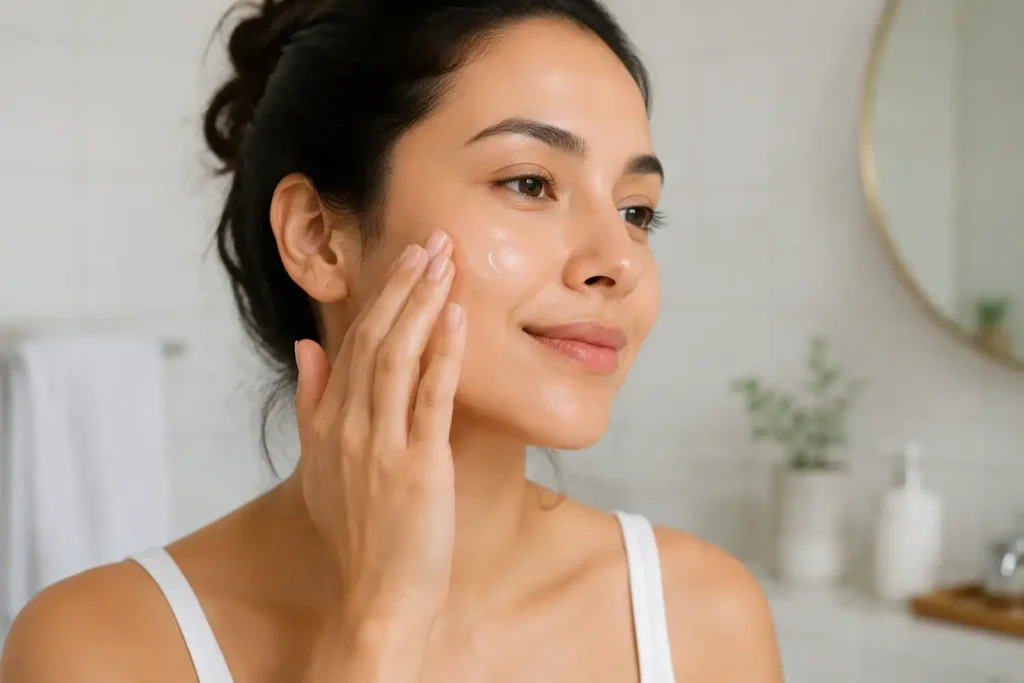 Close-up lifestyle shot of a woman applying niacinamide serum to her face in a soft-lit bathroom with a fresh minimal skincare aesthetic — niacinamide serum for oily skin routine - yes or no to niacinamide for oily skin.