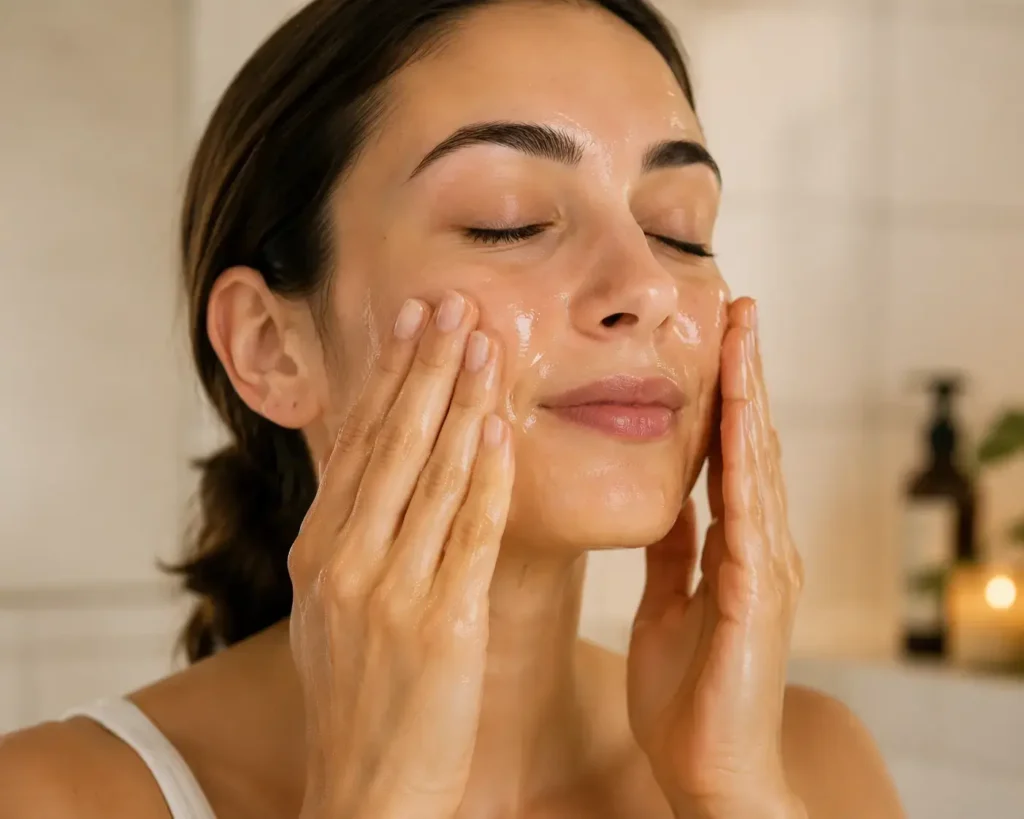 Woman massaging cleansing oil onto dry skin during a double cleansing routine in a warm bathroom - yes or no to double cleansing for removing makeup, sunscreen, and impurities.