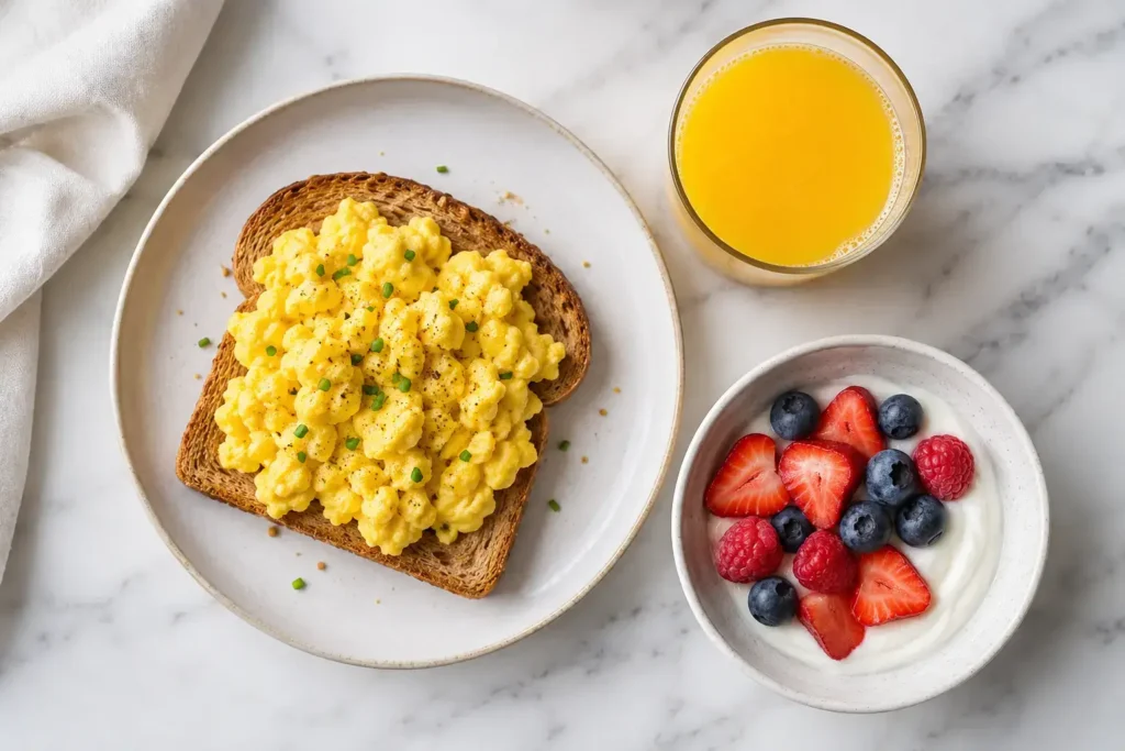 A top-down flat lay of a post-workout recovery meal: scrambled eggs on whole grain toast, a glass of orange juice, and a small bowl of Greek yogurt with berries arranged on a light marble surface.