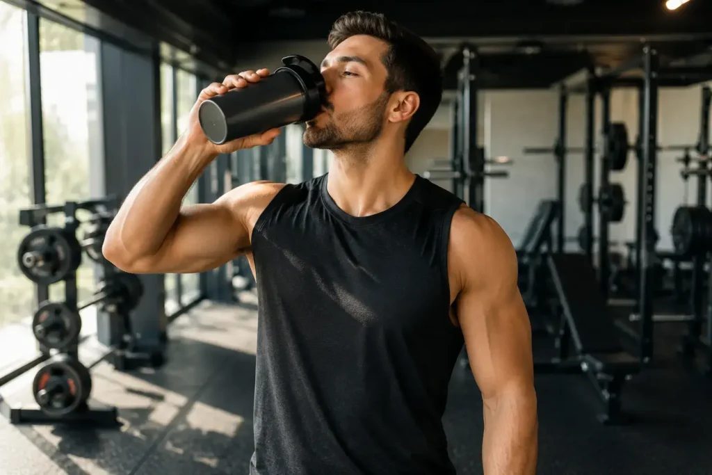 Lifestyle shot of a person in gym wear drinking from a shaker bottle before a workout, with weights visible in the background and natural light creating a high-energy atmosphere — pre-workout supplement powder and shaker bottle - yes or no to pre-workout for fat loss.