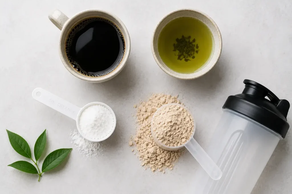 Top-down flat lay of natural pre-workout alternatives including a black coffee cup, green tea, a measuring spoon of creatine, and a scoop of protein powder on a light surface — pre-workout supplement powder and shaker bottle - yes or no to pre-workout for fat loss.
