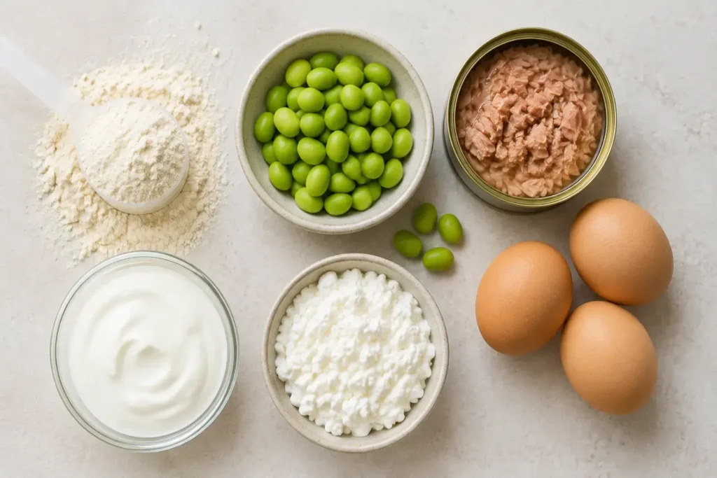 Top-down flat lay of protein-rich foods including whey powder, edamame, tuna, Greek yogurt, and eggs arranged on a light neutral background — protein shake powder and whole food protein sources - yes or no to protein shakes daily.