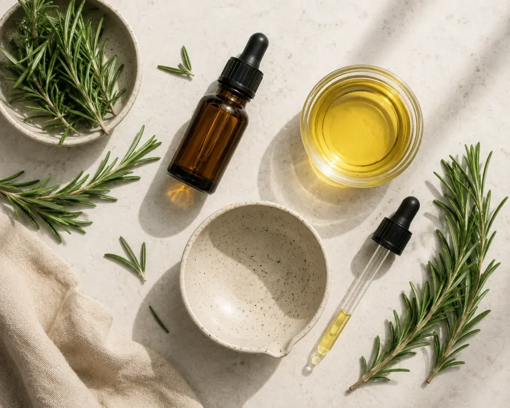 A top-down flat lay of rosemary oil mixing setup: a small glass dropper bottle of rosemary essential oil, a jar of jojoba oil, a mixing bowl, and fresh rosemary sprigs on a neutral light surface.yes or no to rosemary oil for hair growth.