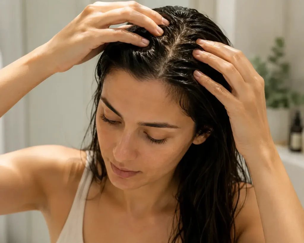 A close-up lifestyle shot of a person applying oil to their scalp in sections using fingertips, warm natural lighting, clean and minimal bathroom background.yes or no to rosemary oil for hair growth.