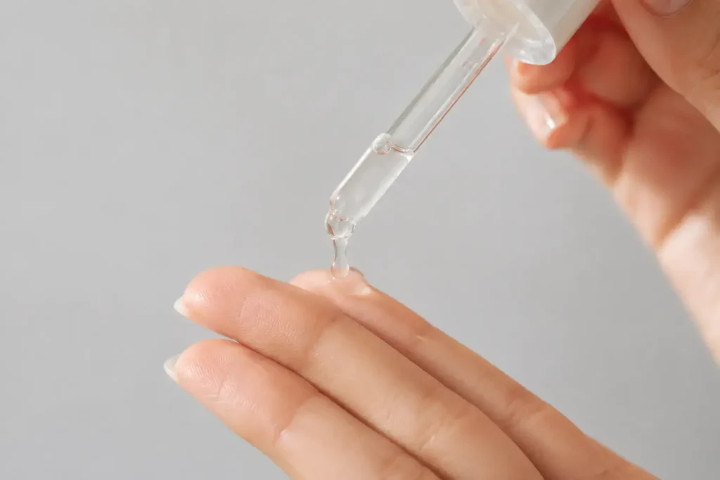 A close-up of a dropper bottle dispensing a clear serum onto clean fingertips against a soft neutral background, minimal and clinical aesthetic, natural light.