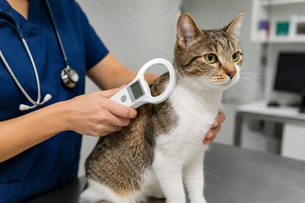 Close-up of a vet scanning a cat's shoulder area with a microchip reader device, calm cat sitting on an exam table.