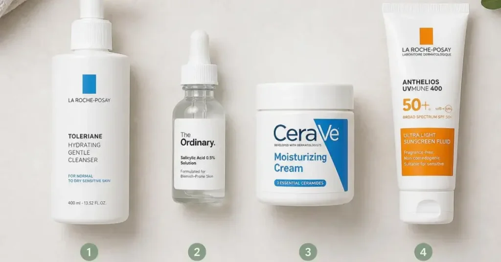 A flat lay top-down shot of a simple sensitive skin routine: gentle cleanser, 0.5% salicylic acid serum, ceramide moisturizer, and SPF, laid out in order on a light surface.