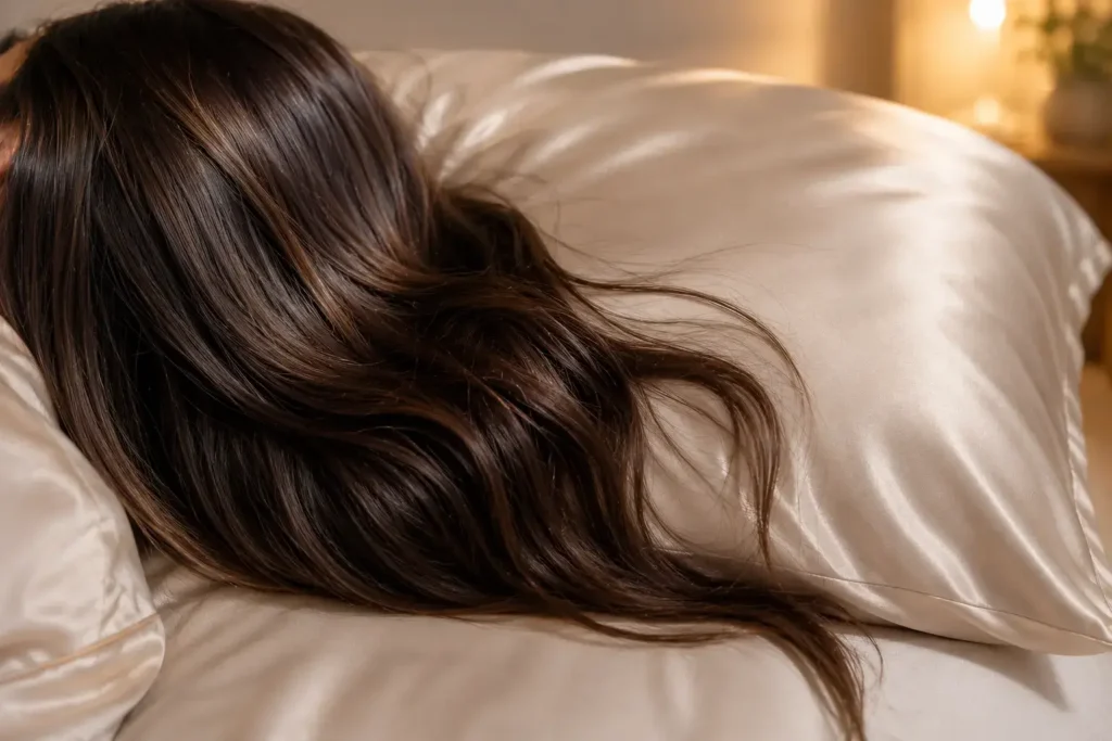 A close-up lifestyle shot of hair resting smoothly on a silk pillowcase, soft warm bedroom lighting, minimal and elevated aesthetic.yes or no to silk pillowcases for hair fall.