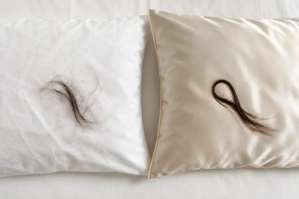 A top-down flat lay showing two pillowcases side by side — one cotton, one silk — with a few strands of hair on each to illustrate the texture difference, neutral background, natural daylight.yes or no to silk pillowcases for hair fall