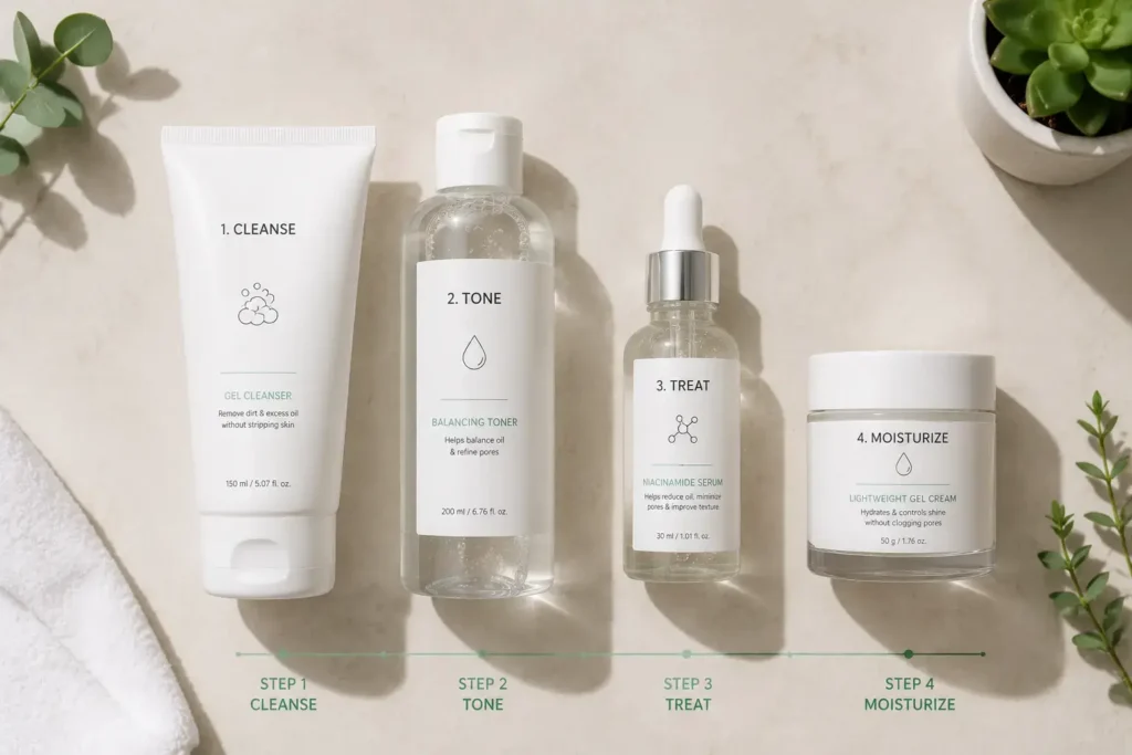 Top-down flat lay of oily skin skincare routine including cleanser, toner, niacinamide serum, and moisturizer arranged in order on a light neutral surface — niacinamide serum for oily skin routine - yes or no to niacinamide for oily skin.