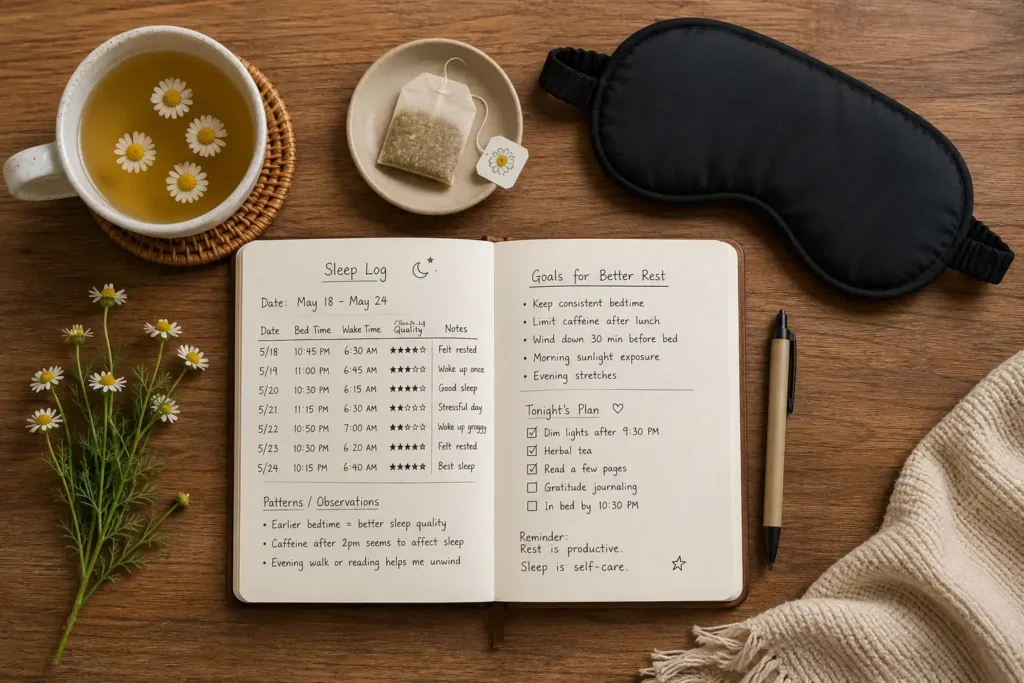 A top-down flat lay of a sleep improvement toolkit: a chamomile tea bag, a small notebook with a sleep log written in it, a pen, and a blackout eye mask arranged on a wooden surface, warm natural light.