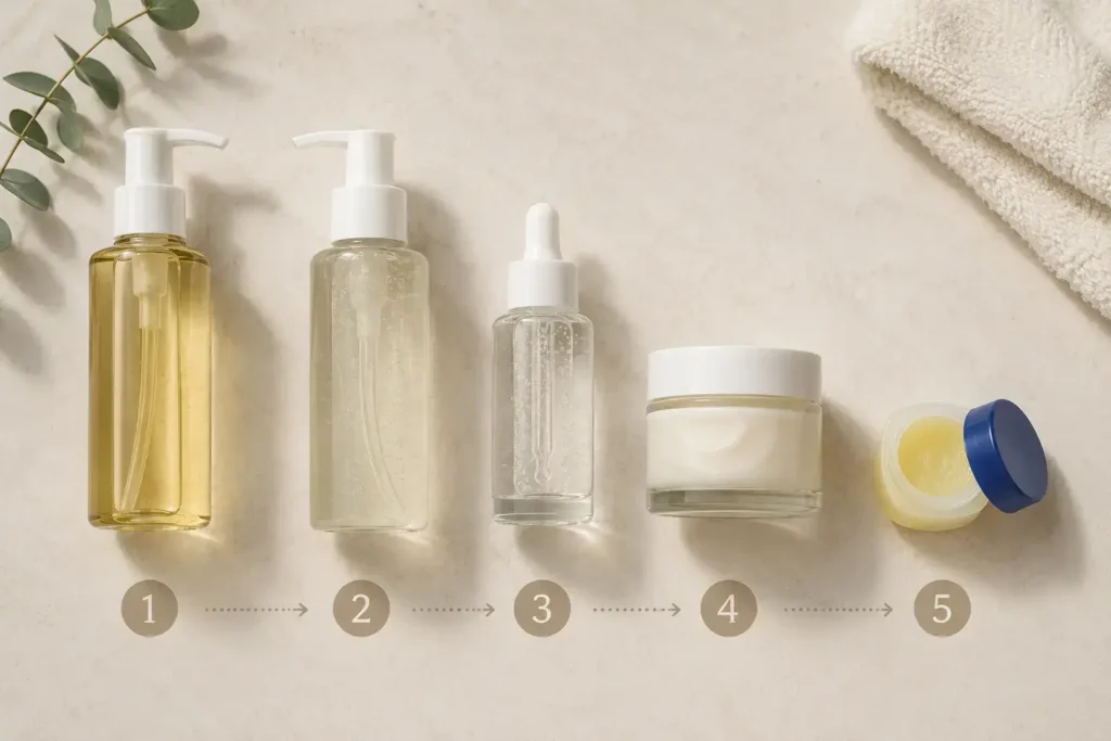 A top-down flat lay of a complete slugging routine laid out in step order: oil cleanser, water cleanser, serum, moisturizer, and a small jar of petroleum jelly on a light neutral surface.- yes or no to slugging