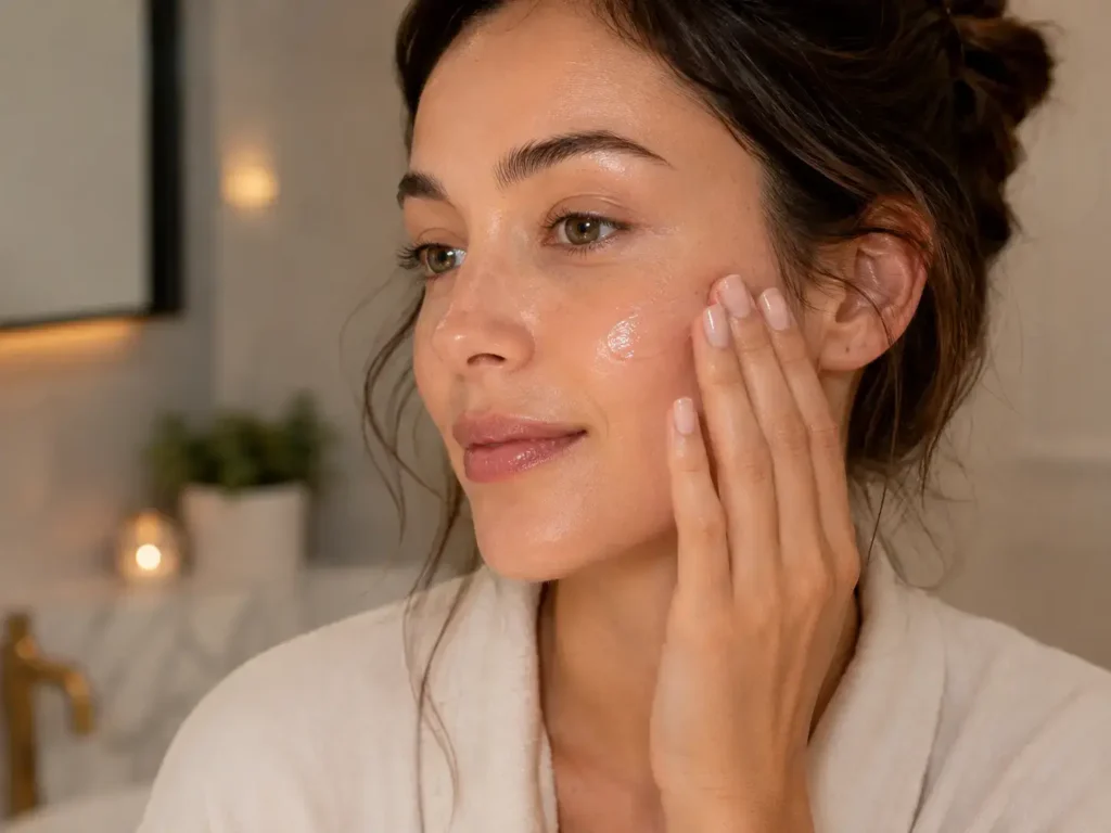 A close-up lifestyle shot of a woman applying a thin layer of clear balm to her cheek with clean fingertips before bed, soft warm lighting, clean bathroom background.- yes or no to slugging
