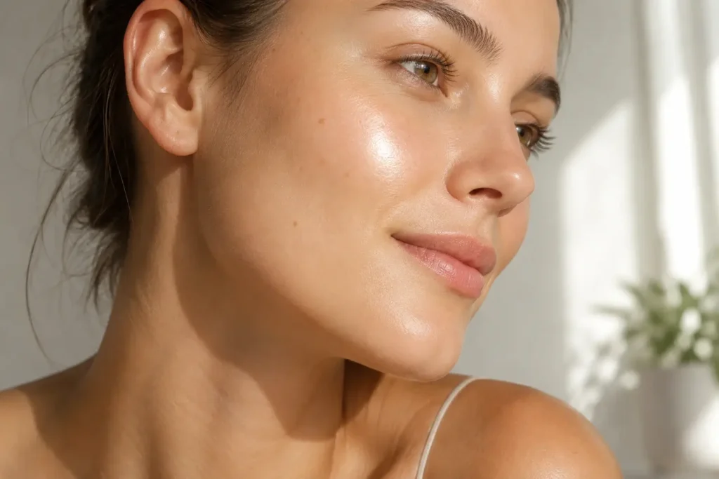 A close-up lifestyle shot of a woman's glowing, smooth cheek and jaw area under soft natural window light, no makeup, fresh and radiant skin, clean and minimal aesthetic.