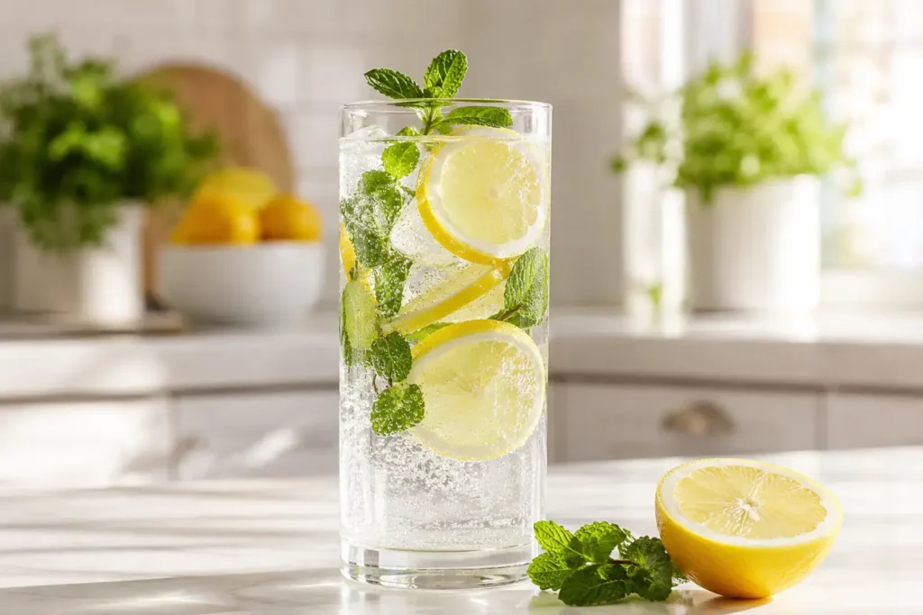 A lifestyle shot of a tall glass of sparkling water with fresh lemon and mint slices on a light kitchen countertop, afternoon natural light, fresh and minimal feel with no artificial sweeteners visible.