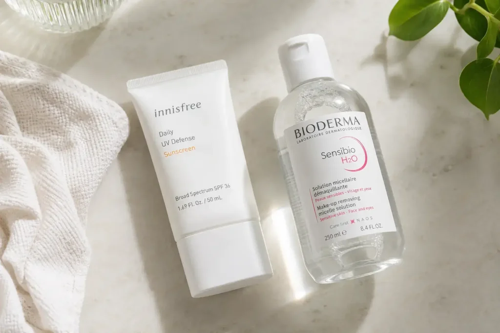 Close-up flat lay of a mineral sunscreen tube next to a small bottle of micellar water on a light countertop, no makeup products in frame.