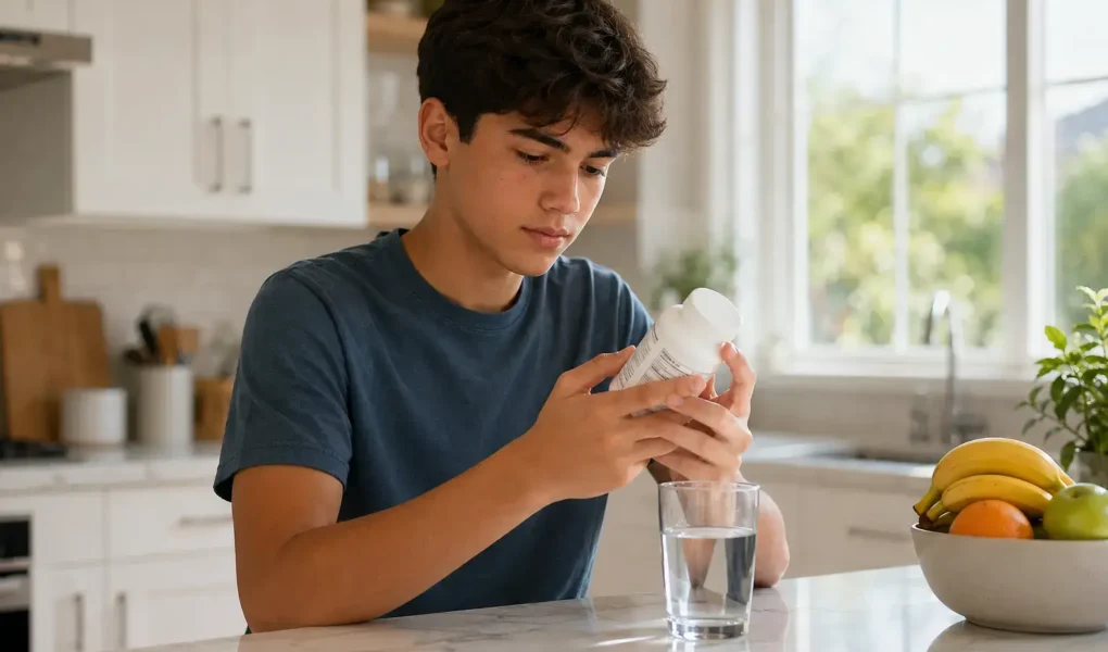 A lifestyle shot of a teenager reading the label on a supplement bottle in a kitchen, natural window light, casual clothing, focused and thoughtful expression, clean home background.yes or no to multivitamins for teenagers.