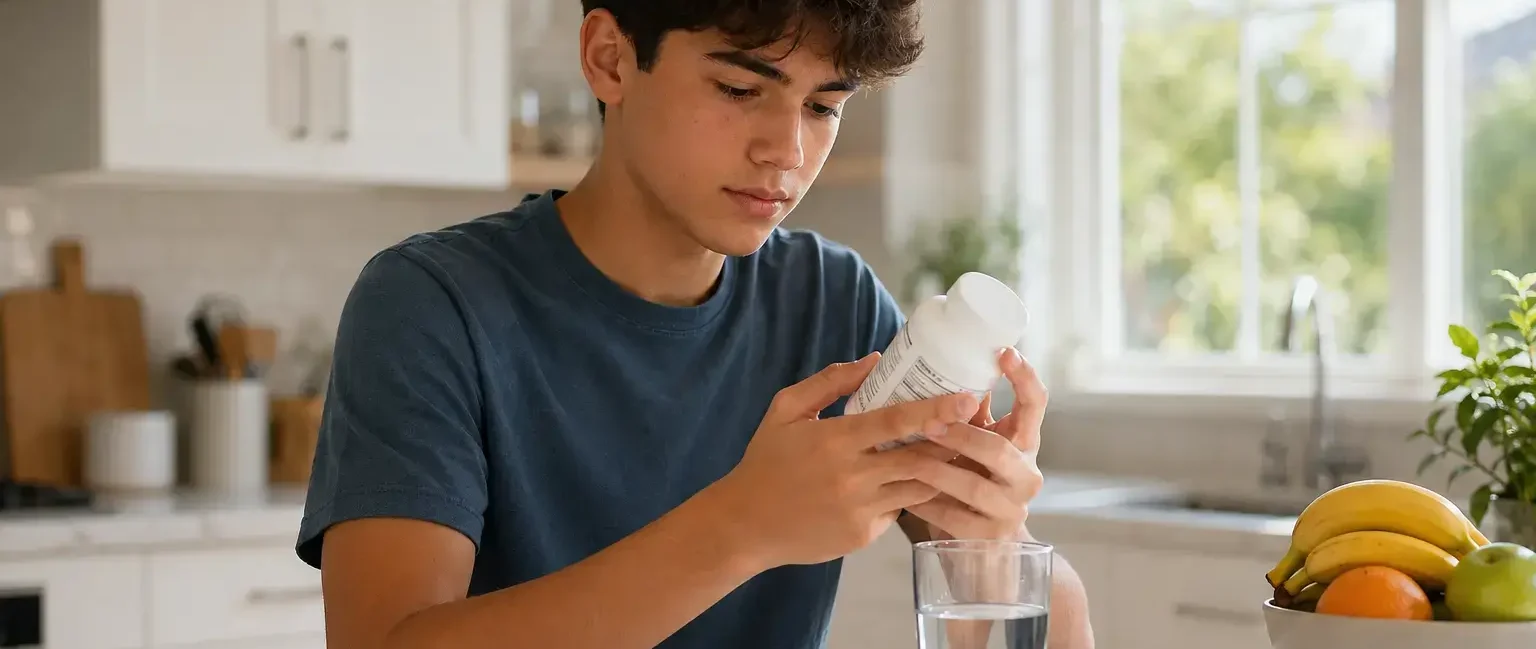 A lifestyle shot of a teenager reading the label on a supplement bottle in a kitchen, natural window light, casual clothing, focused and thoughtful expression, clean home background.yes or no to multivitamins for teenagers.