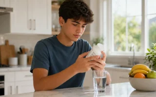 A lifestyle shot of a teenager reading the label on a supplement bottle in a kitchen, natural window light, casual clothing, focused and thoughtful expression, clean home background.yes or no to multivitamins for teenagers.