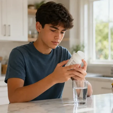A lifestyle shot of a teenager reading the label on a supplement bottle in a kitchen, natural window light, casual clothing, focused and thoughtful expression, clean home background.yes or no to multivitamins for teenagers.