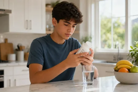 A lifestyle shot of a teenager reading the label on a supplement bottle in a kitchen, natural window light, casual clothing, focused and thoughtful expression, clean home background.yes or no to multivitamins for teenagers.