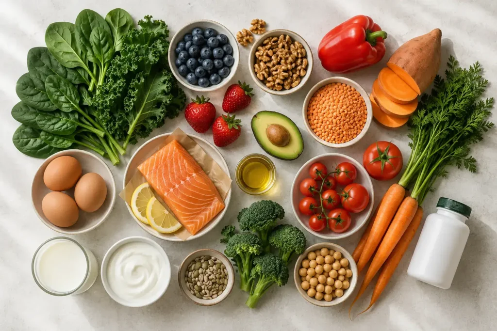 A top-down flat lay of nutrient-dense whole foods arranged by color: dark leafy greens, eggs, a small piece of salmon, lentils, and dairy beside a small multivitamin bottle, light neutral surface, natural daylight.