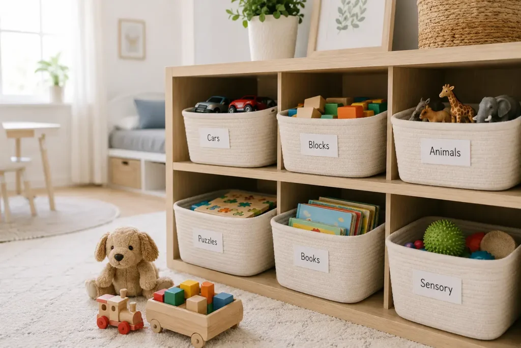 Close-up of a labeled toy rotation bin system on a shelf, a few toys out and the rest neatly stored away, bright child's room in the background