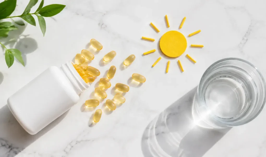 Flat lay of Vitamin D supplement capsules spilling from a white bottle onto a bright marble surface with a glass of water and a sun motif symbolizing sunlight exposure, clean minimal health concept — vitamin D supplement benefits daily use - YesVsNo.net.