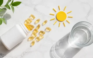 Flat lay of Vitamin D supplement capsules spilling from a white bottle onto a bright marble surface with a glass of water and a sun motif symbolizing sunlight exposure, clean minimal health concept — vitamin D supplement benefits daily use - YesVsNo.net.