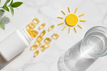 Flat lay of Vitamin D supplement capsules spilling from a white bottle onto a bright marble surface with a glass of water and a sun motif symbolizing sunlight exposure, clean minimal health concept — vitamin D supplement benefits daily use - YesVsNo.net.