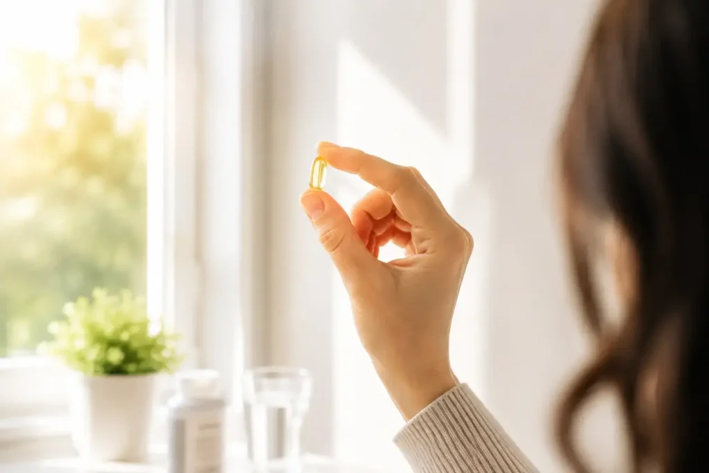 Close-up lifestyle image of a hand holding a Vitamin D softgel capsule near a sunlit window, with warm natural morning light, a glass of water and a clean minimal kitchen background creating a calm wellness and supplement-taking moment.