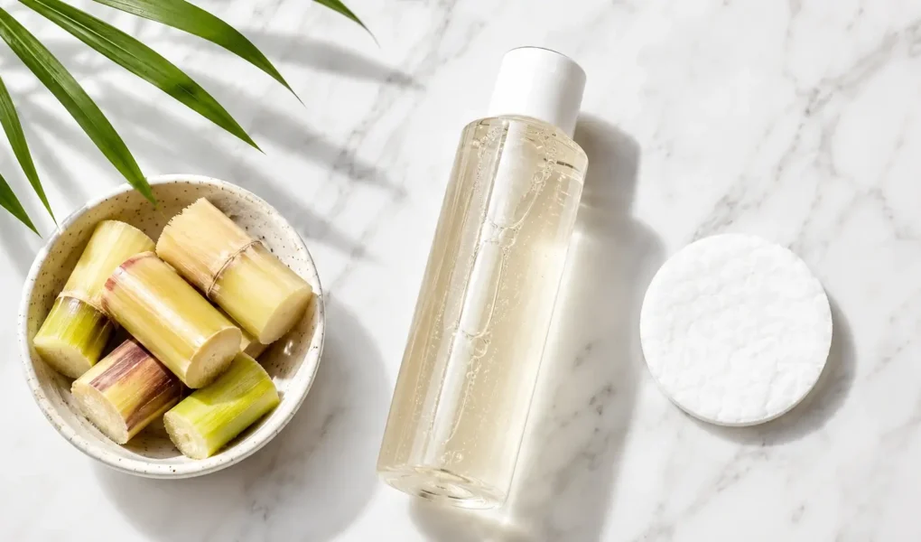 A flat lay of a glycolic acid toner bottle, a cotton pad, and a small bowl of sugarcane beside it on a clean white marble surface. Bright minimal styling, natural overhead light. No text overlays.yes or no to AHA exfoliation twice a week.